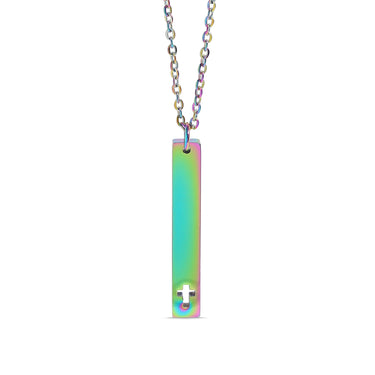 Chain necklace with vertical charm bar with Christian cross cut out engraving