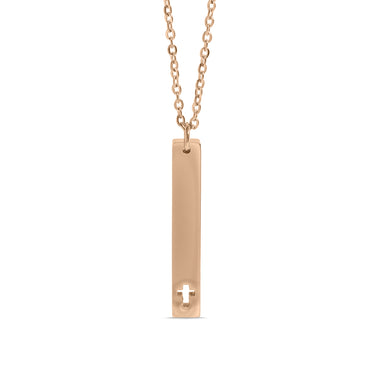 Chain necklace with vertical charm bar with Christian cross cut out engraving