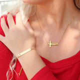 Rope chain bar bracelet with Christian cross engraving to the right of the bar