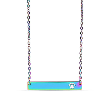 Chain necklace with horizontal bar pendant with paw print cut out engraving