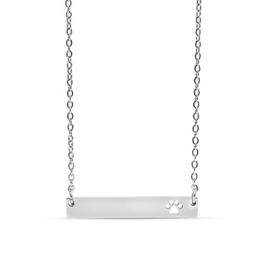 Chain necklace with horizontal bar pendant with paw print cut out engraving