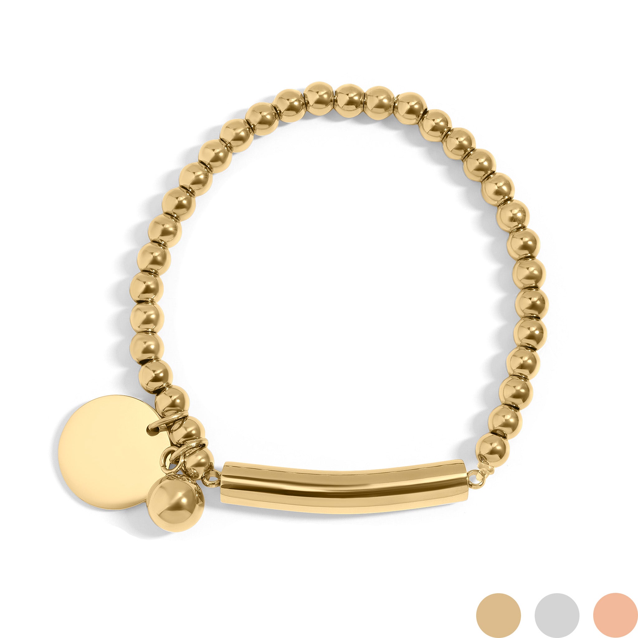 18k Gold PVD Rostfritt stål Beaded Stretch Armband med graverbar charm / SBB0271