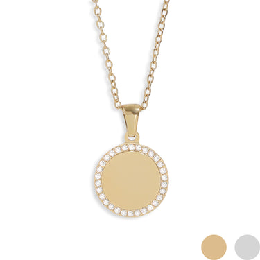 chain necklace with circular CZ stone encrusted pendant