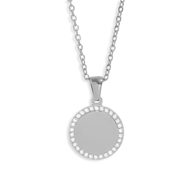 chain necklace with circular CZ stone encrusted pendant