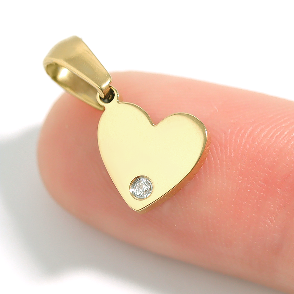 18K Gold PVD Stainless Steel Heart Charm Pendant With CZ Accent / SBB0290