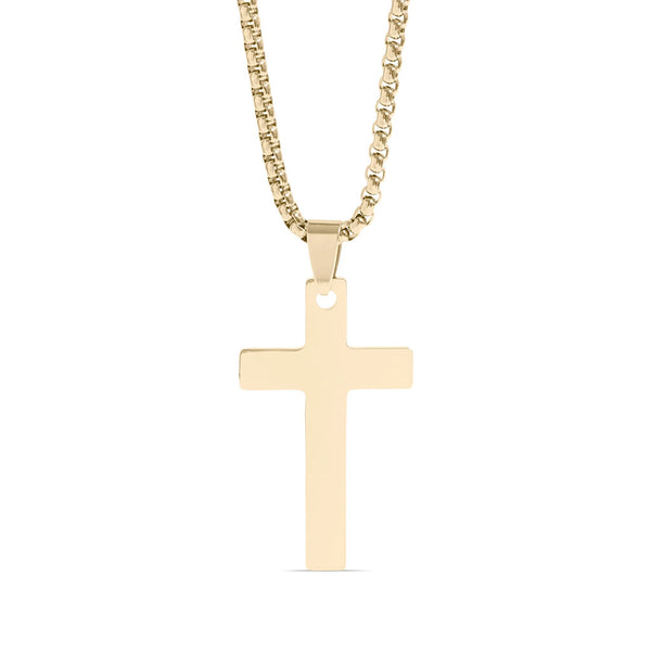 Gold cross necklace on a white background