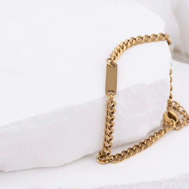 Wholesale jewelry 18K Gold PVD Stainless Steel Engravable Curb Chain Bar Bracelet- gold studio  