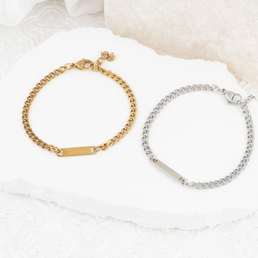 Wholesale jewelry 18K Gold PVD Stainless Steel Engravable Curb Chain Bar Bracelet- stainless and gold studio  