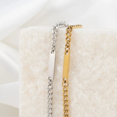 Wholesale jewelry 18K Gold PVD Stainless Steel Engravable Curb Chain Bar Bracelet- stainless and gold studio  
