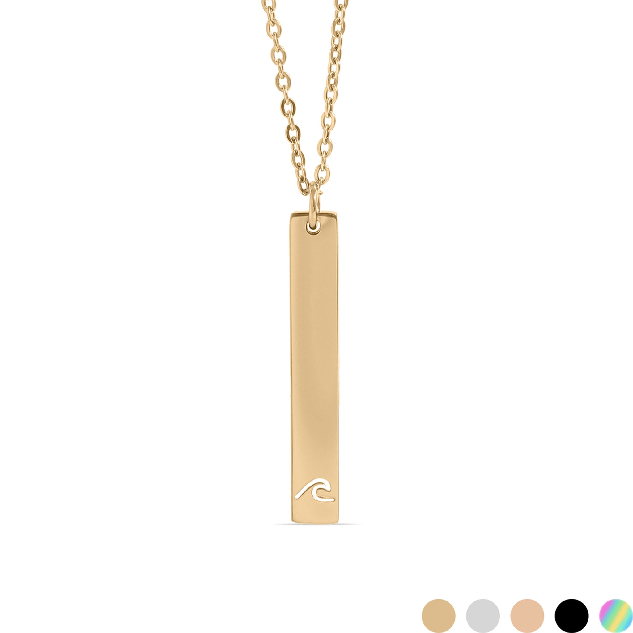 Chain necklace with vertical bar charm with wave engraving