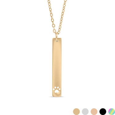 Chain necklace with vertical bar pendant with cut out paw print engraving