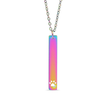 Chain necklace with vertical bar pendant with cut out paw print engraving