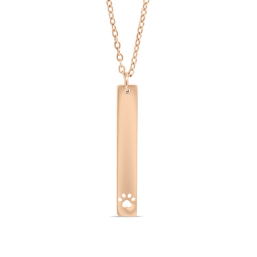 Chain necklace with vertical bar pendant with cut out paw print engraving