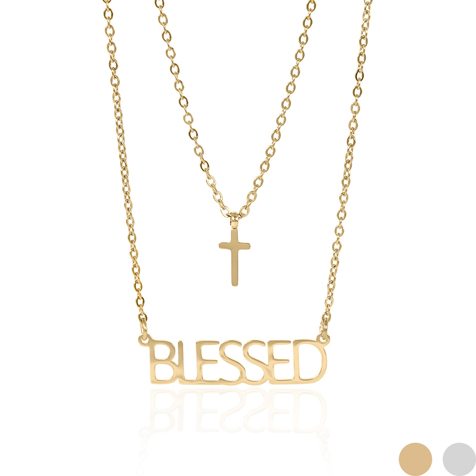 Stainless Steel PVD Coated "Blessed" Layered Cross Charm Necklace / SBB0323