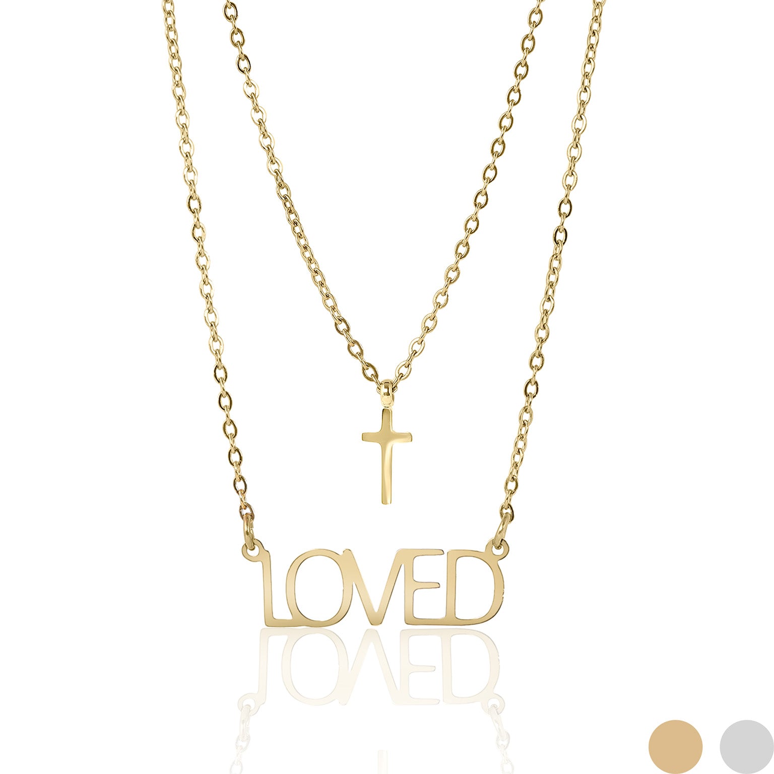 18K Gold PVD Stainless Steel "Loved" Layered Cross Charm Necklace / SBB0324