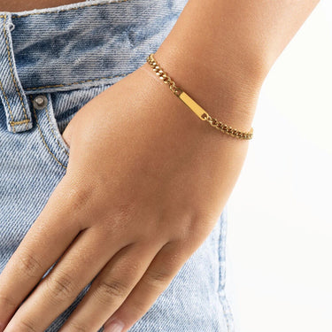 Wholesale jewelry 18K Gold PVD Stainless Steel Engravable Curb Chain Bar Bracelet- gold model  