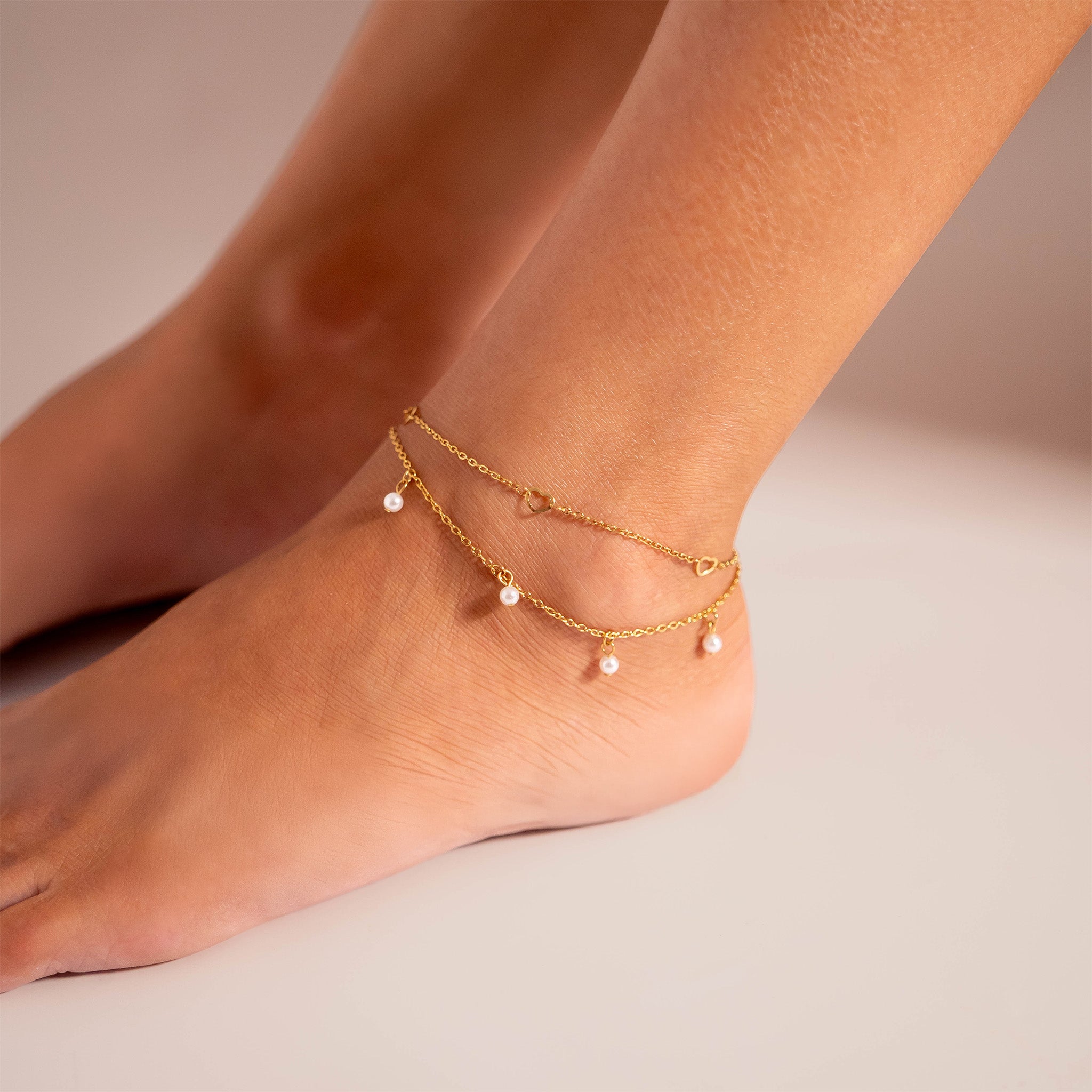 18k Gold PVD Rostfri Station Hearts Anklet / BRJ1027