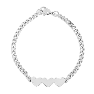 Stainless Steel Engravable 3 Hearts on Curb Chain Bracelet