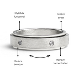 CZ Stones In Center Spinner Stainless Steel Ring Feature Graphic