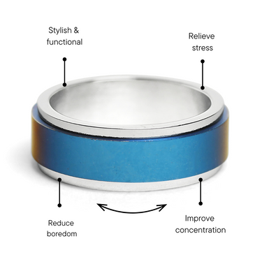 Blue Center Stainless Steel Spinner Ring Feature Graphic