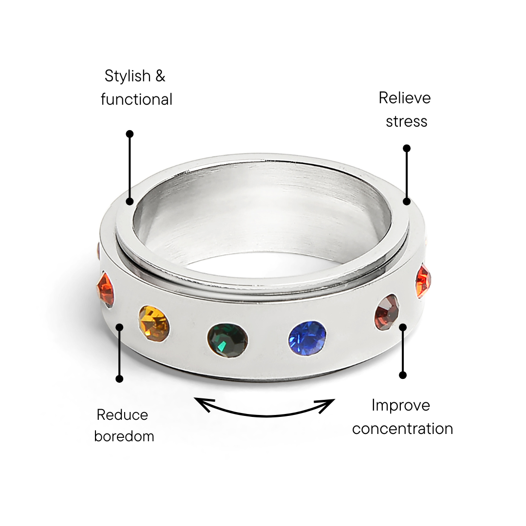 Rainbow CZ Spinner Center Highly Polished Stainless Steel Ring Feature Graphic