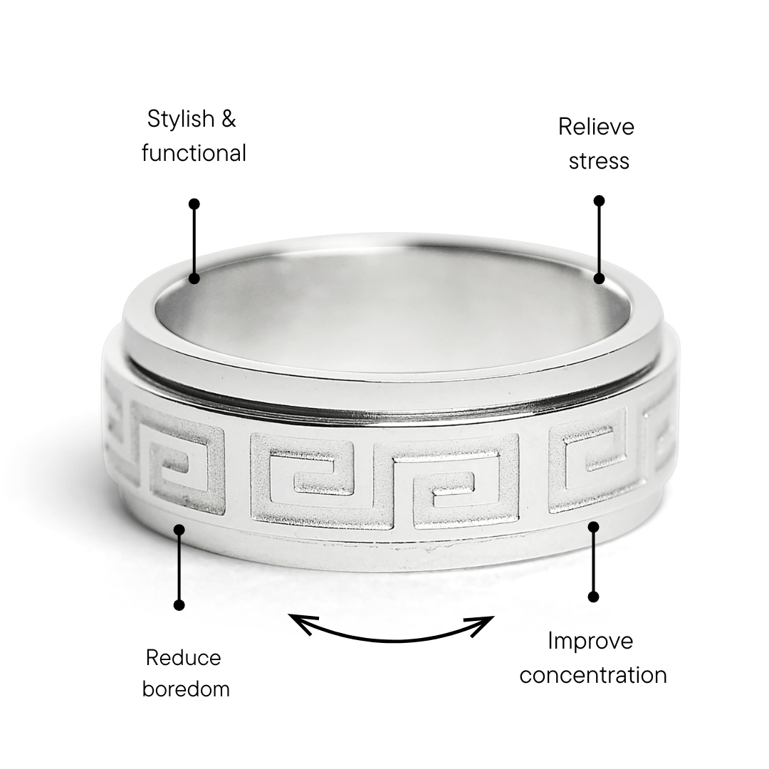 Highly Polished Greek Key Stainless Steel Spinner Ring Feature Graphic