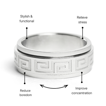 Highly Polished Greek Key Stainless Steel Spinner Ring Feature Graphic