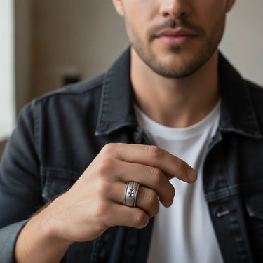 Man wearing a ring, pointing to it with his other hand.