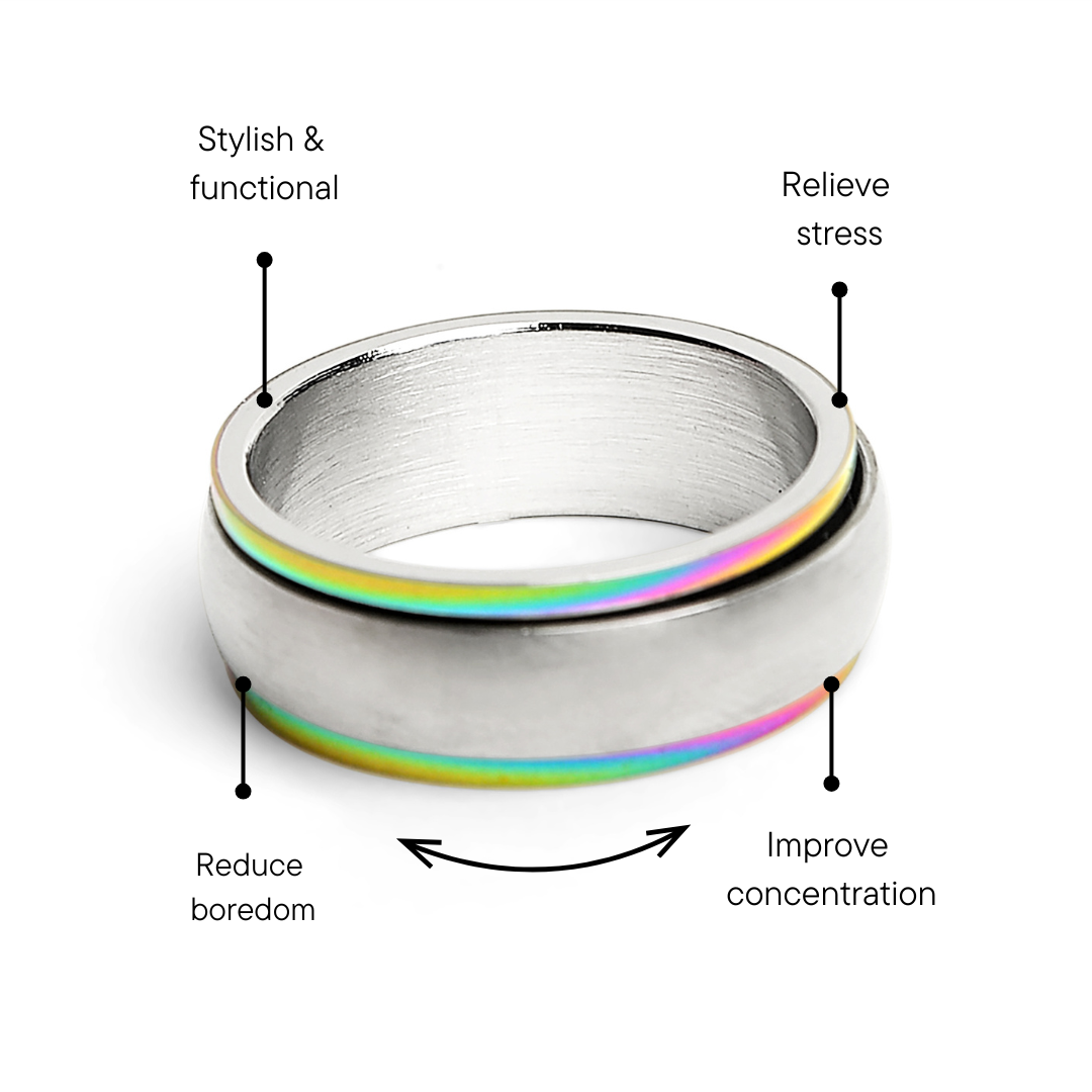 Rainbow Edge Stainless Steel Polished Spinner Center Ring Feature Graphic