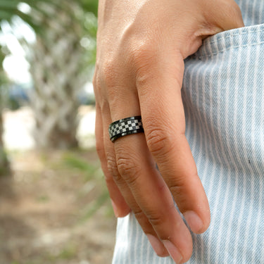 Stainless Steel Black Checker Spinner Ring / STC010