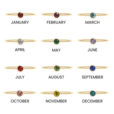 Gold rings with gemstones for each month of the year on a white background