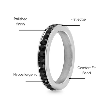 Black CZ Center Highly Polished Stainless Steel Flat Ring Feature Graphic