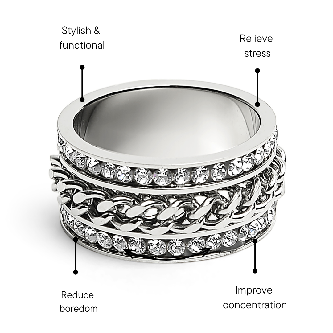 CZ Eternity With Chain Center Stainless Steel Spinner Ring Feature Graphic