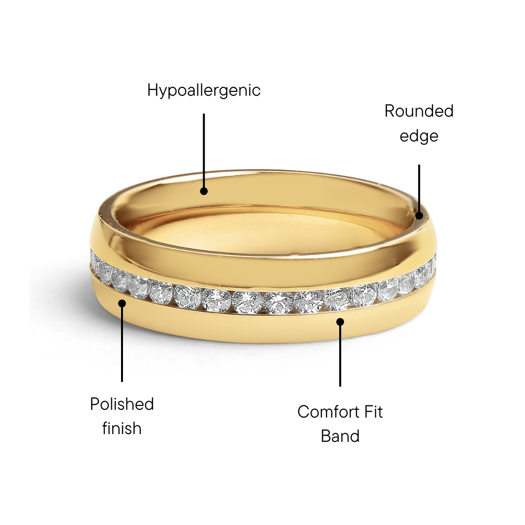 Highly Polished Gold Stainless Steel CZ Center Ring Feature Graphic