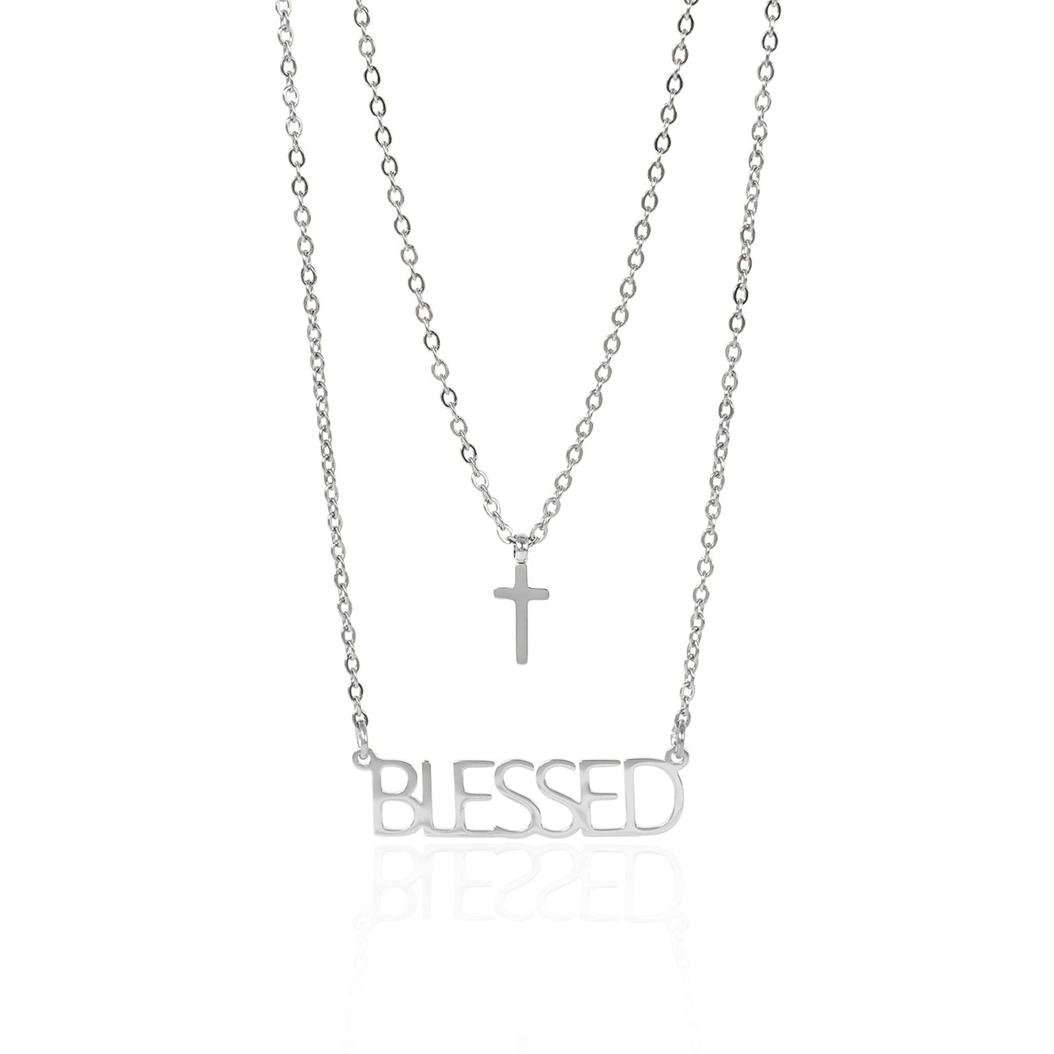 Stainless Steel PVD Coated "Blessed" Layered Cross Charm Necklace / SBB0323