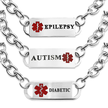 Three stainless steel medical bracelets with different medical condition tags, including 'Epilepsy', 'Autism', and 'Diabetic'. Each bracelet has a red and white medical symbol on a chain.