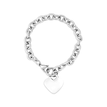 A silver stainless steel heart-shaped bracelet with a blank space for engraving, displayed against a white background.