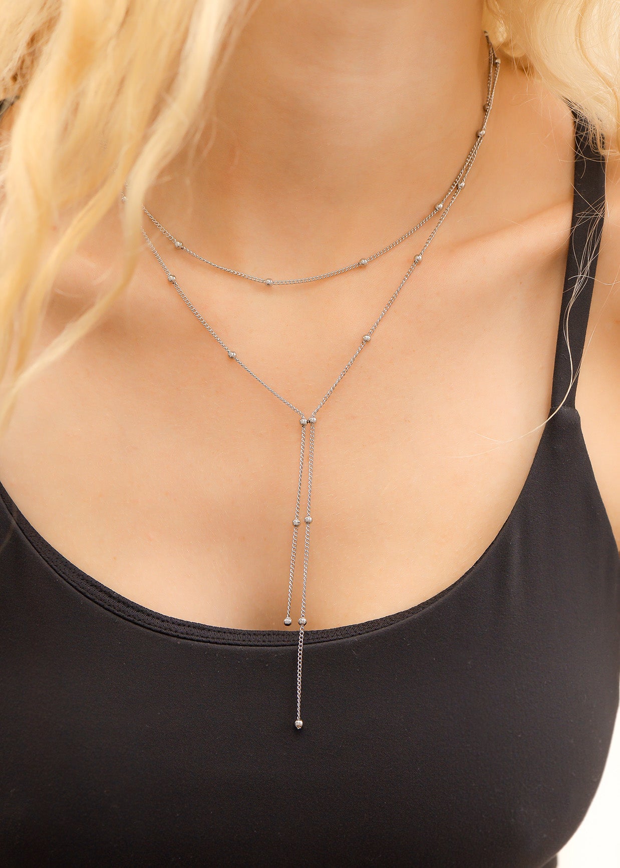 18K Gold PVD Stainless Steel Lariat Necklace Double Ball Bead / CHN0061