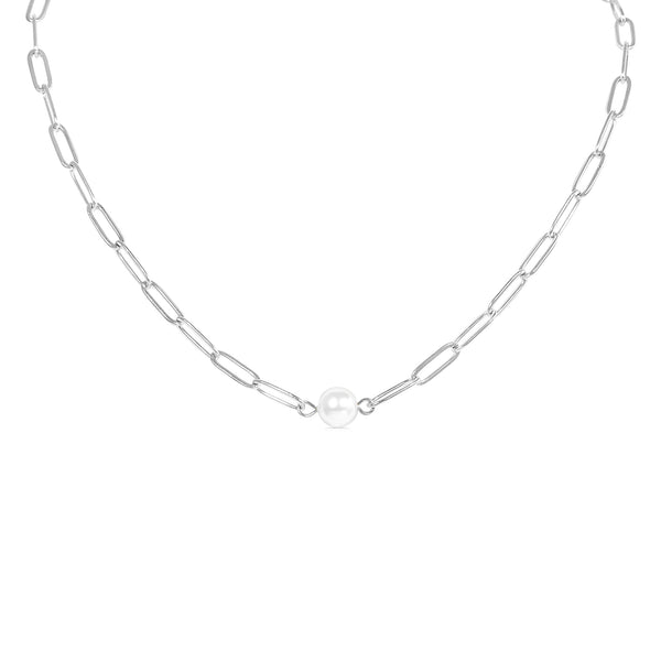 Stainless Steel Paperclip Necklace With Pearl / CHN9956
