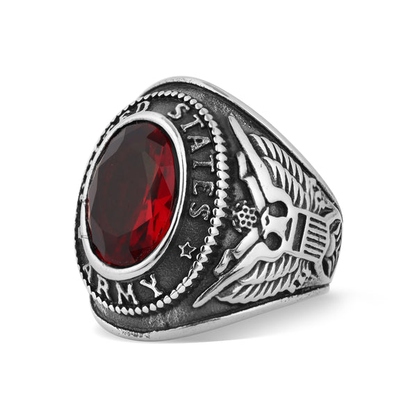 United States Army Red Center Stone Stainless Steel Ring / DIS0016