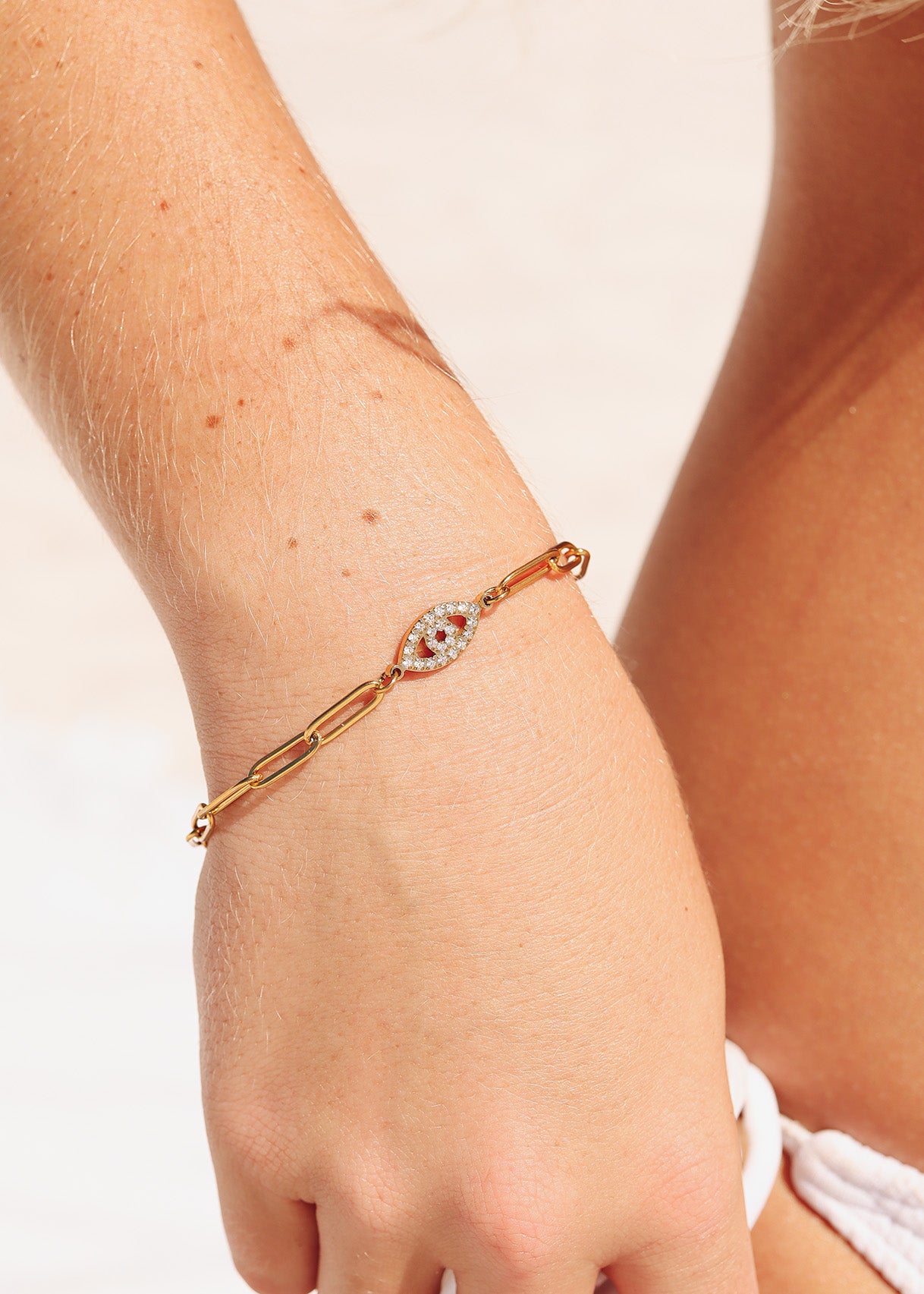 18K Gold PVD Stainless Steel Stone "Evil Eye" Paperclip Chain Bracelet