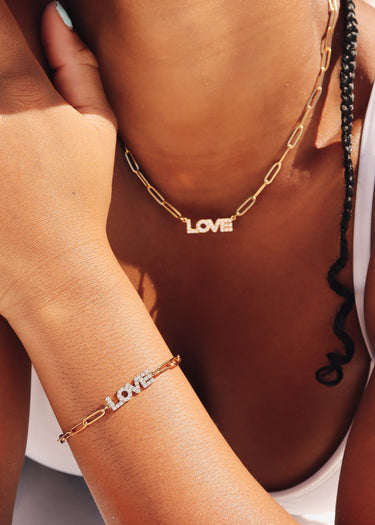18K Gold PVD Edelstahl CZ "Liebe" Paperklamm -Kettenarmband/BRJ1004