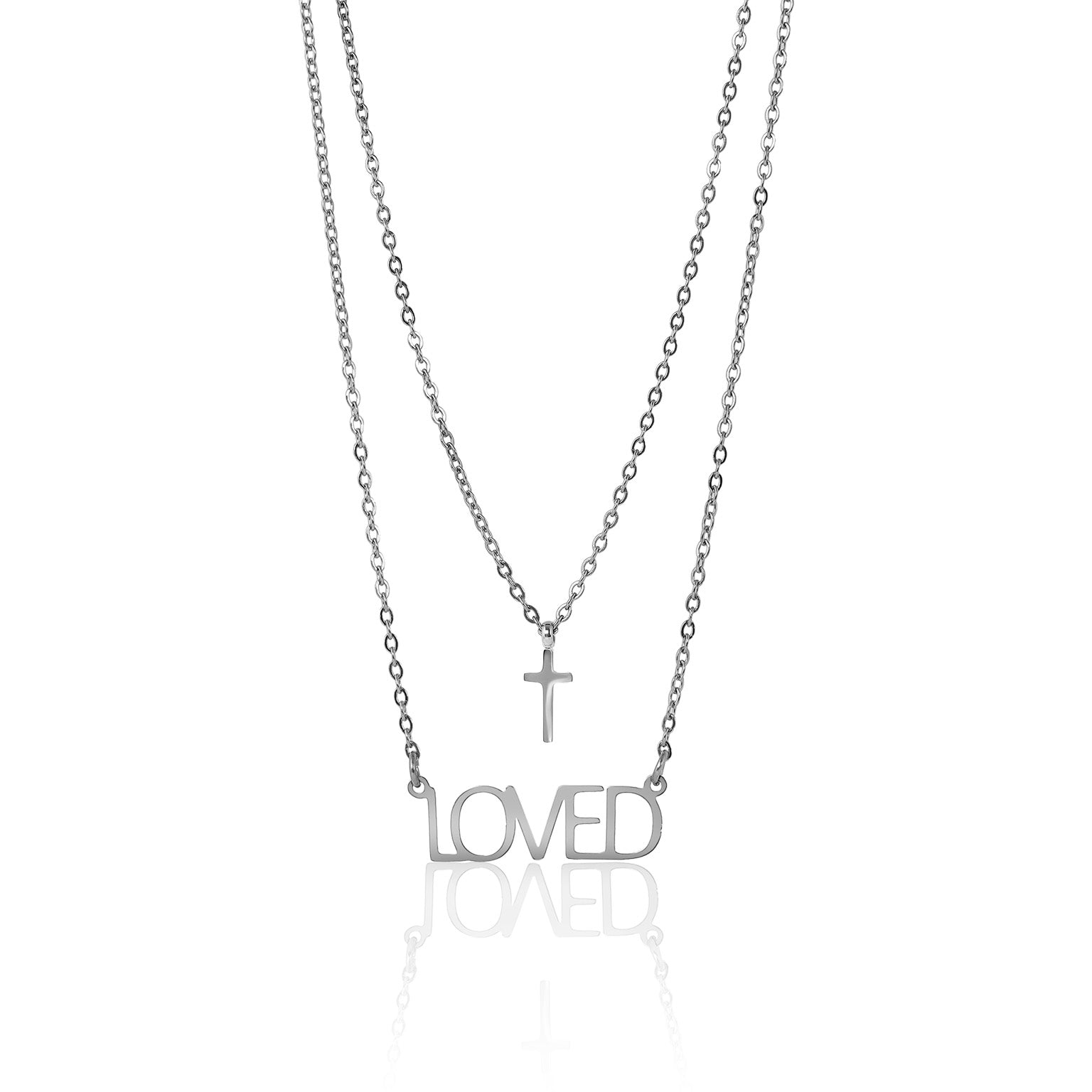 Stainless Steel PVD Coated "Loved" Layered Cross Charm Necklace