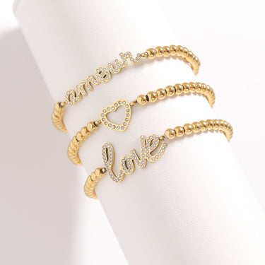 18K Gold PVD Stainless Steel Stone Love Metal Beaded Stretch Bracelet stack