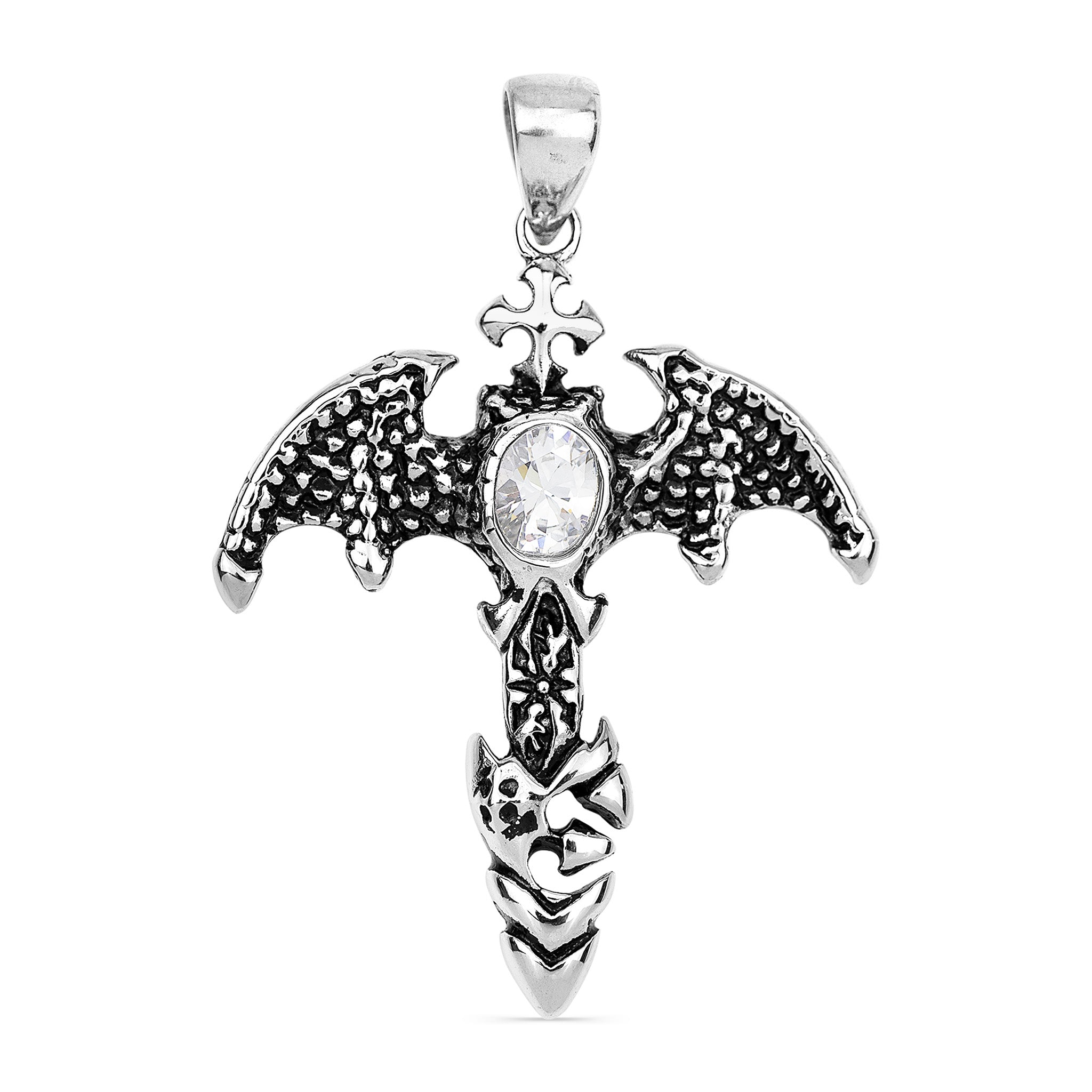Stainless Steel Dragon Wings Cross With CZ Center Pendant / PDJ2001