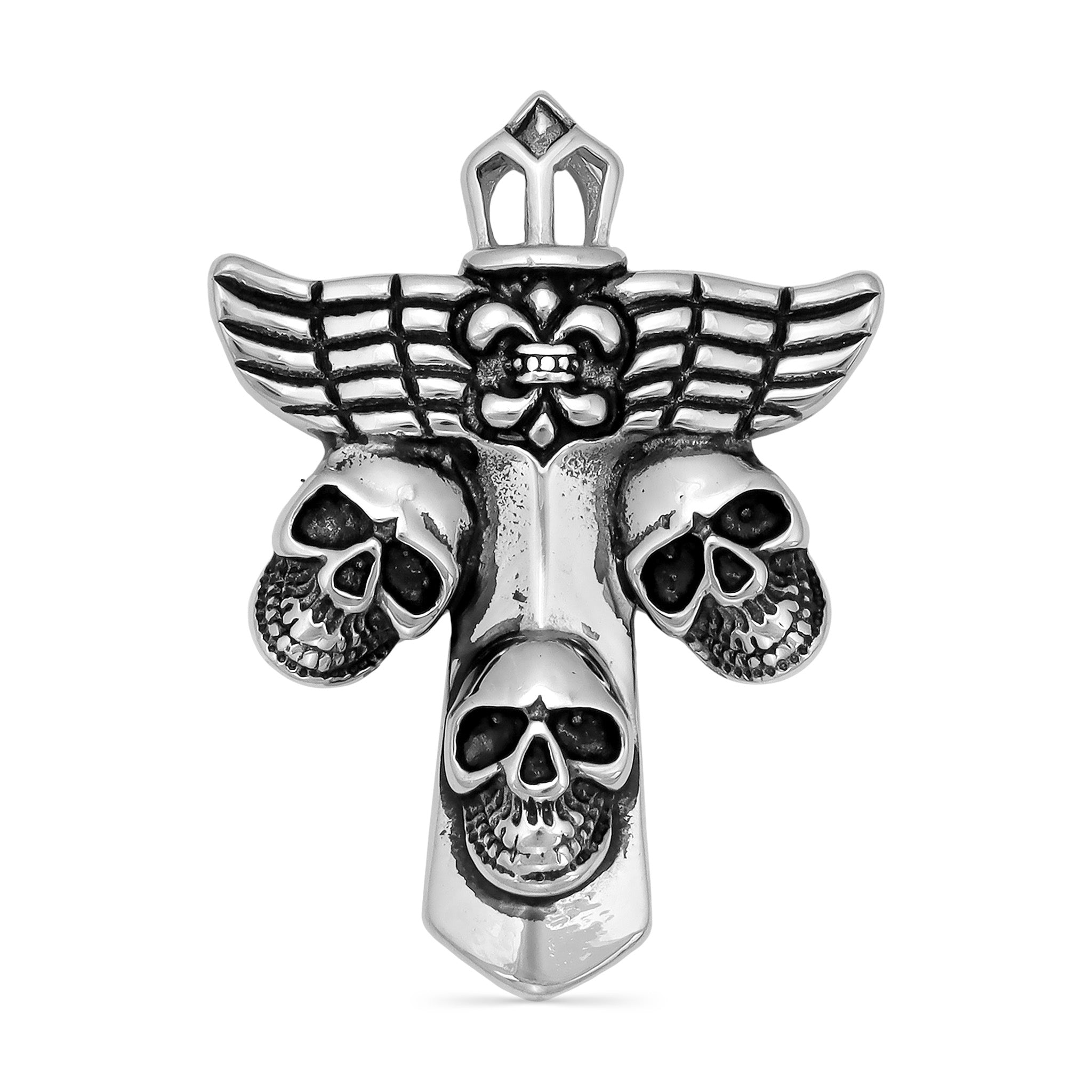 Rostfritt stål Fleur de Lis Cross med Skulls Pendant / PDL2019