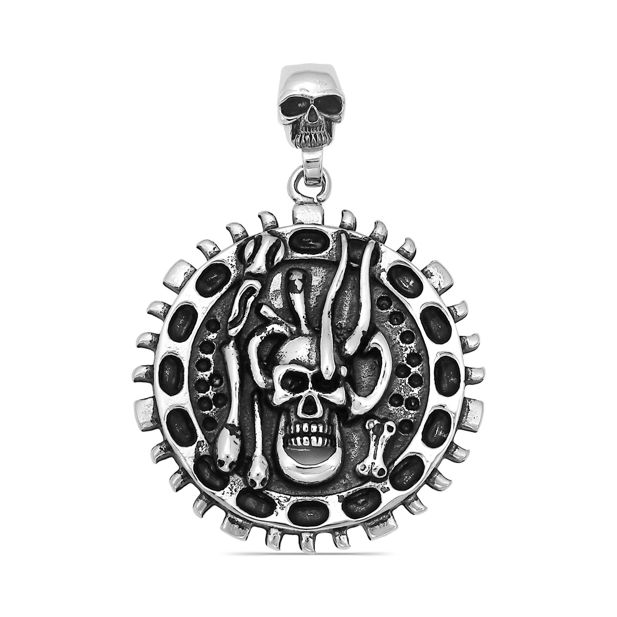Stainless Steel Large Skull And Snakes Spike Shield Pendant / PDL2027