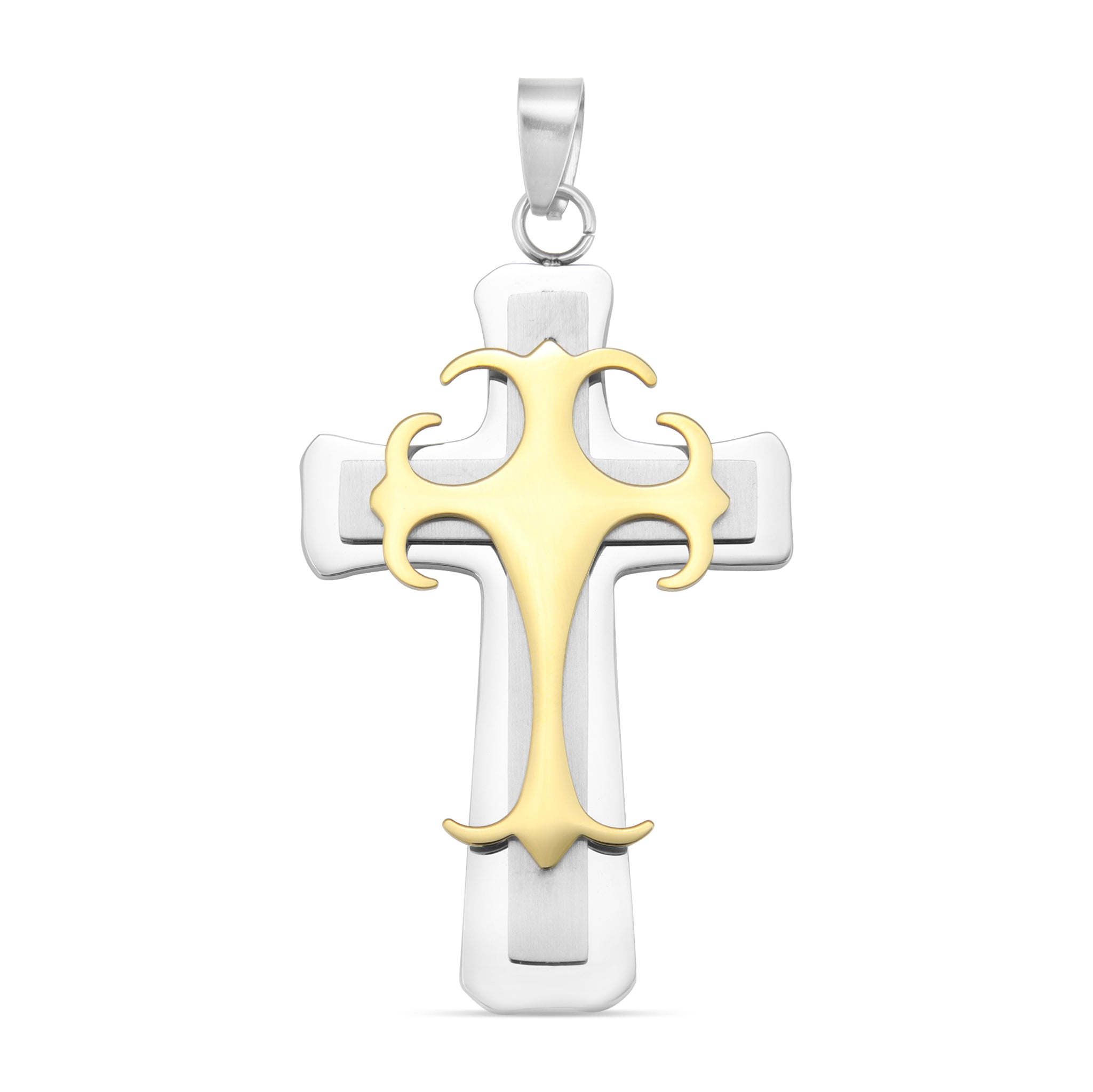 Stainless Steel And 18K Gold PVD Coated Triple Layer Cross Pendant / PDL9004