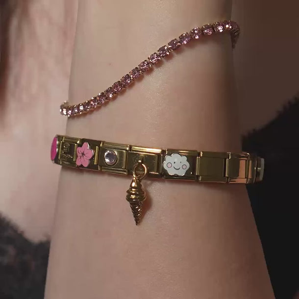 Wholesale jewelry collection Italian charms:  gold rose, flower, birthstone, connector and cloud 