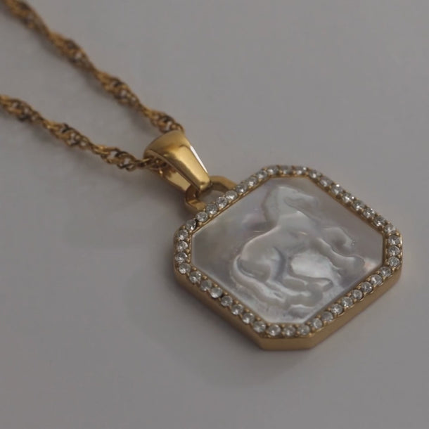 Wholesale jewelry 18K Gold PVD Stainless Steel MOP Horse Pendant With CZ Stone Boarder - video studio 